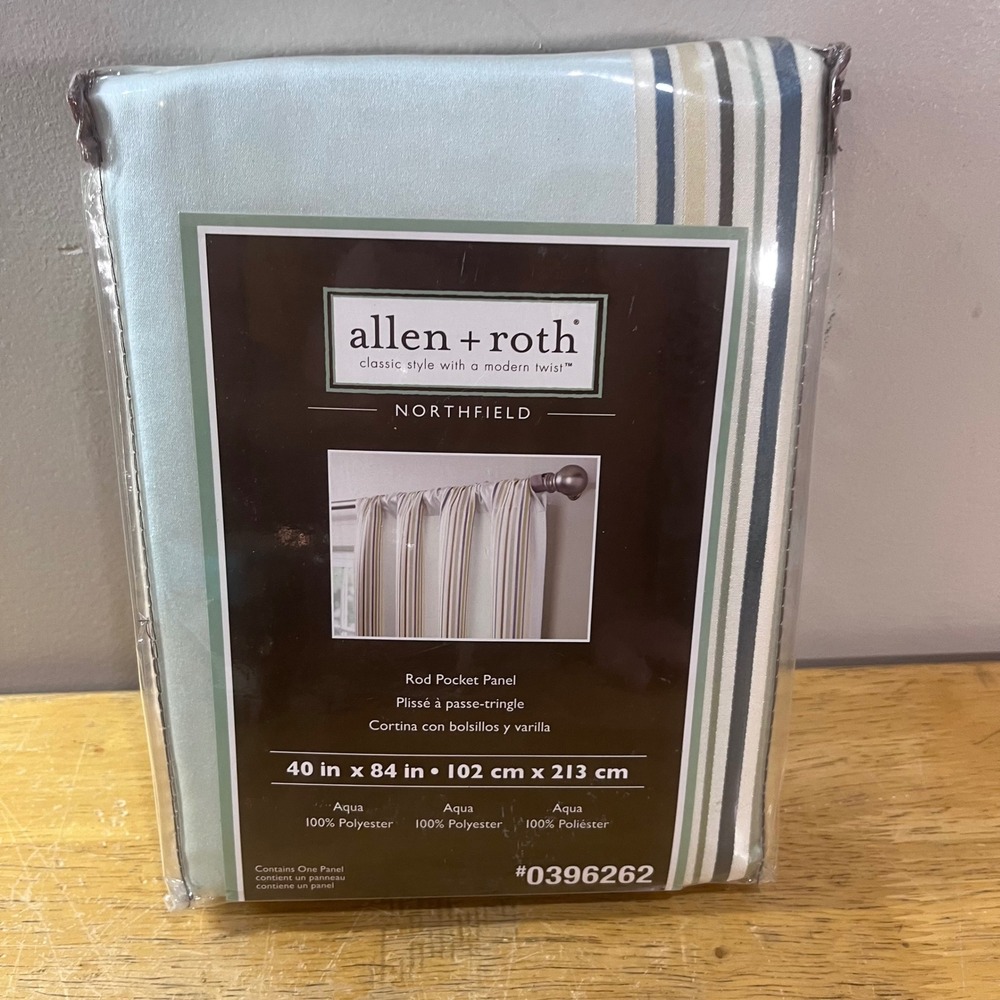 Allen + Roth Northfield Aqua Striped Rod Pocket Curtain Panel 40x84 0396262 NEW